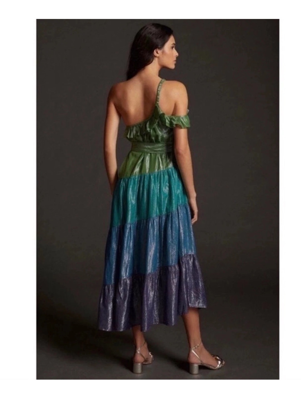 Anthropologie Maeve Metallic Ruffled One-Shoulder Color Block Dress Sz Small - Picture 2 of 7